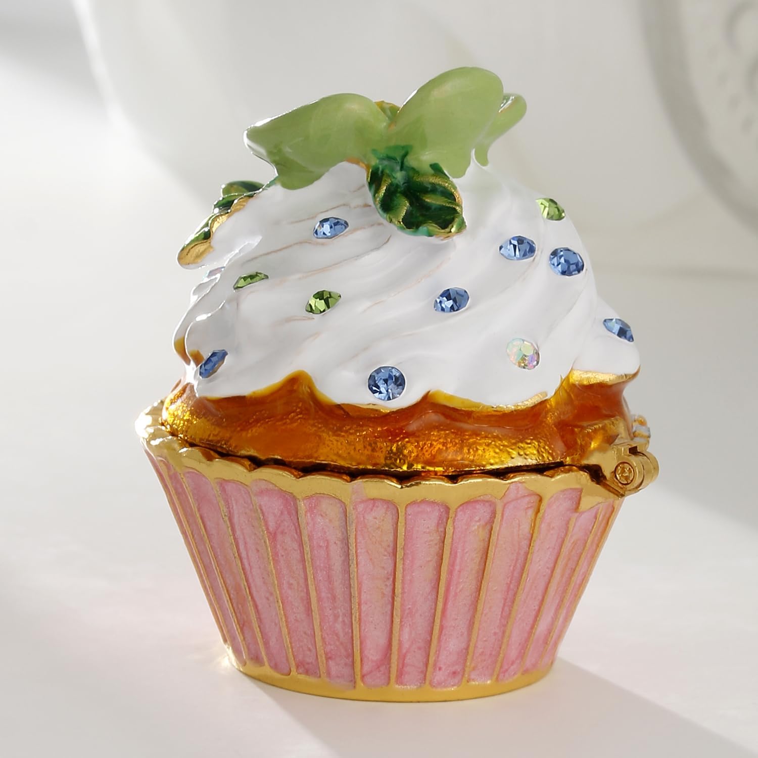 Hand Painted Enamel Cupcake Trinket Box, Hinged Jewelry Organizer Storage, Unique Home Decor Figurine Keepsake Collectible, Personalized Handmade Decoration Ornament Gifts (Green Cupcake-Flower)