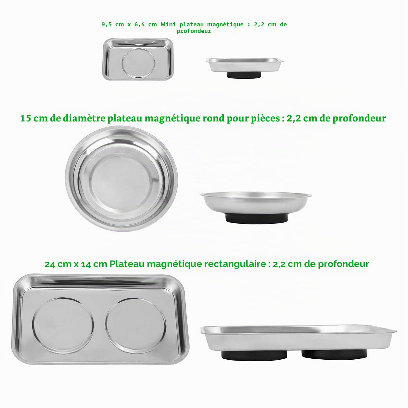Lot de 3 boîtes à outils magnétiques en acier inoxydable pour maintenir les outils, vis, forets et clous, aimant haute performance et plateau à outils épais