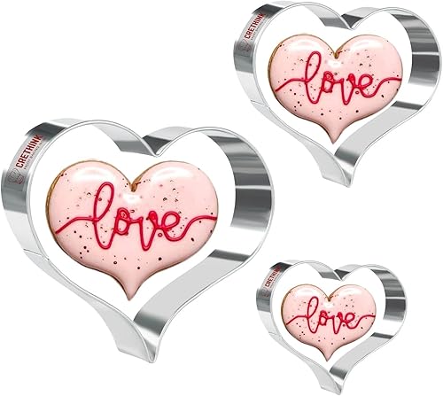Crethinkaty Juego de 3 cortadores de galletas de corazón de acero inoxidable para el día de San Valentín para hornear