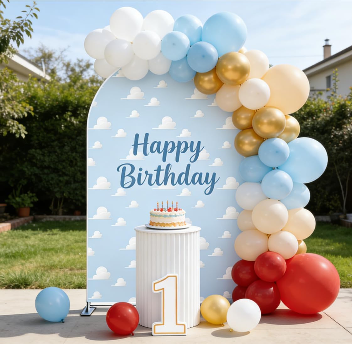 Blue Sky White Clouds Arched Backdrop Covers，Double-Sided Stretchy Arched Stands Cover Chiara Backdrops Boy Story Party Decoration Baby Shower Display Arch Props 4x7ft GX-329