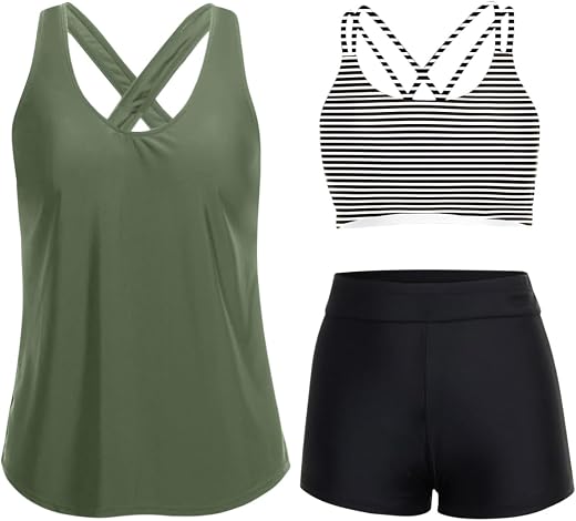 Holipick 3 Piece Tankini Swimsuits for Women Modest Tankini Top Swim Tank Top with Bra and Athletic Boy Shorts Bathing Sui...