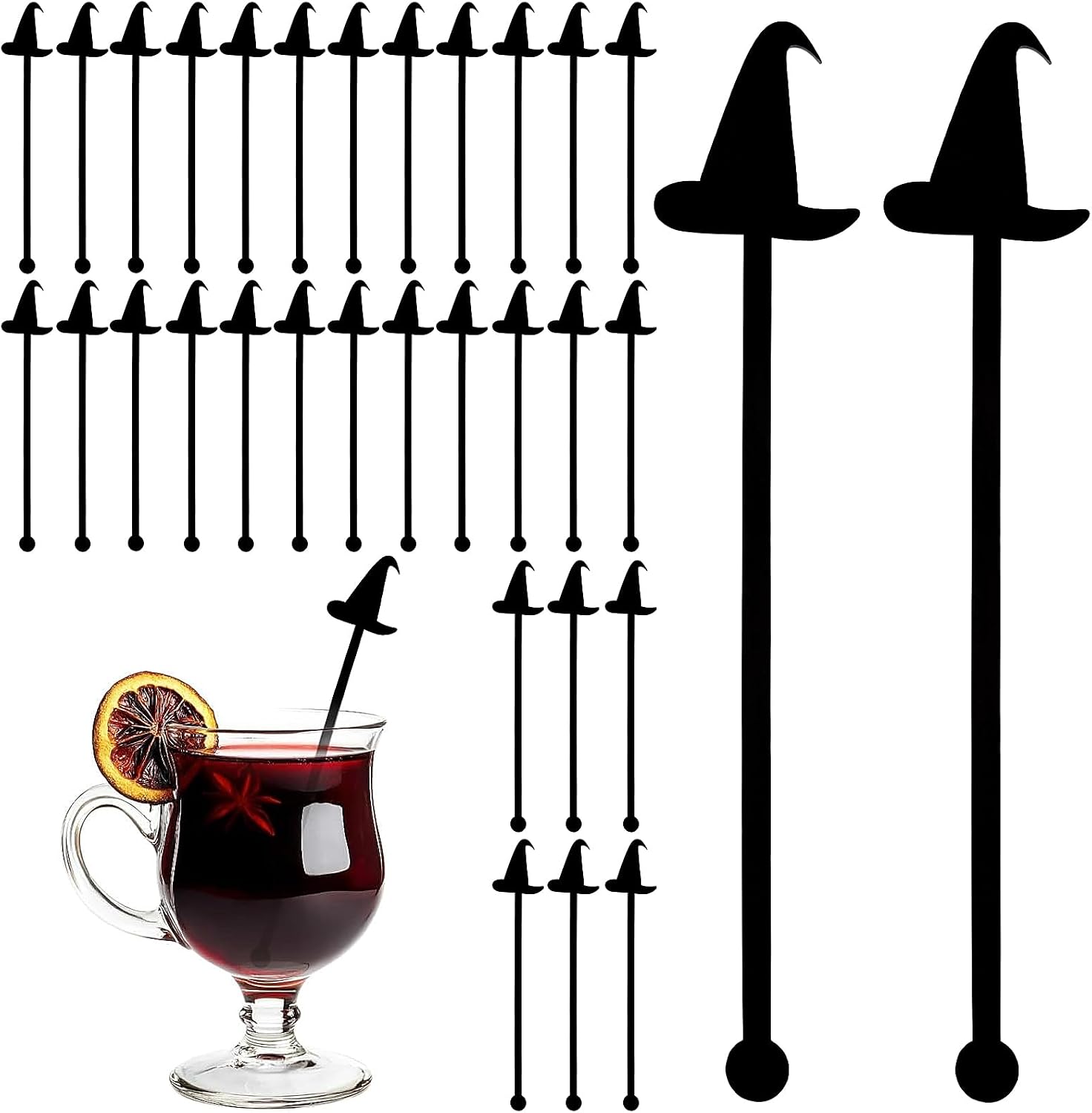 FOIMAS 30pcs Halloween Swizzle Sticks, 5.9 Inch Acrylic Cocktail Drink Stirrers Black Witch Hat Stirrers Reusable Stir Sticks for Halloween Party Supplies Milk Tea Table Decoration Bar Home