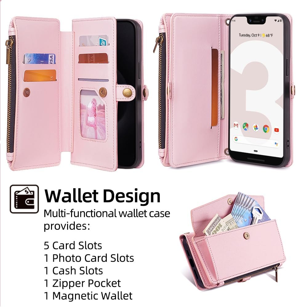 Asuwish Phone Case for Google Pixel 3 XL Zipper Wallet Cover with Screen Protector and Leather Card Holder Slot Kickstand Wrist Strap Cell Accessories Flip Pixel3XL Pixel3 LX Pixle 3XL Women Men Pink