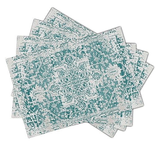 Image of Gray Teal Boho Placemats Set of 4 Ethnic Bohemian Carpet Place Mats Washable Kitchen Dining Vintage Grey Geography Floral Linen Table Mats Stain Heat-Resistant Cloth Tabel for Home Party 12x18 in