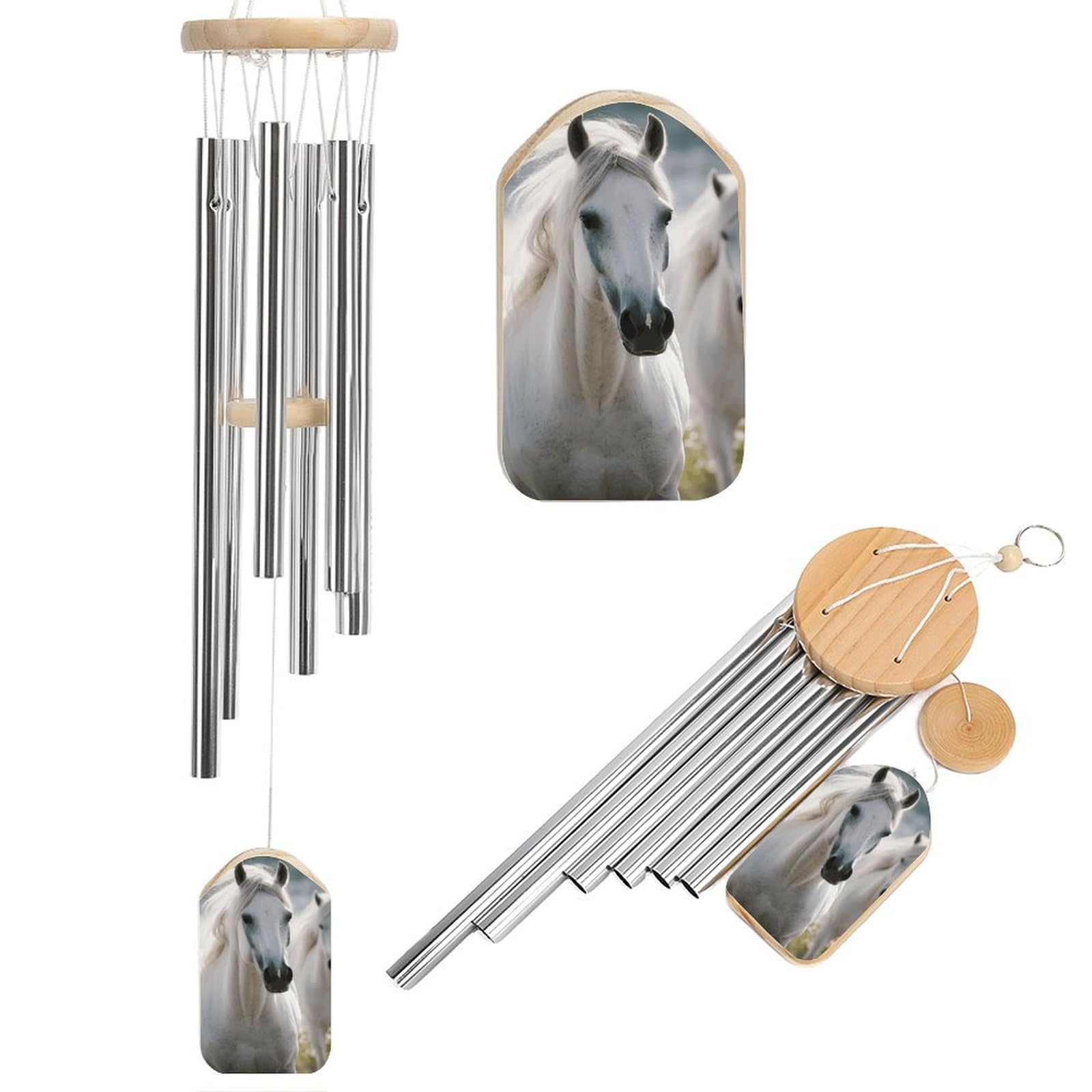 Outdoor Wind Chimes, White Horses Printed Wind Chimes,Simple Wind Chimes,Curtain Wind Chimes for Home Decoration