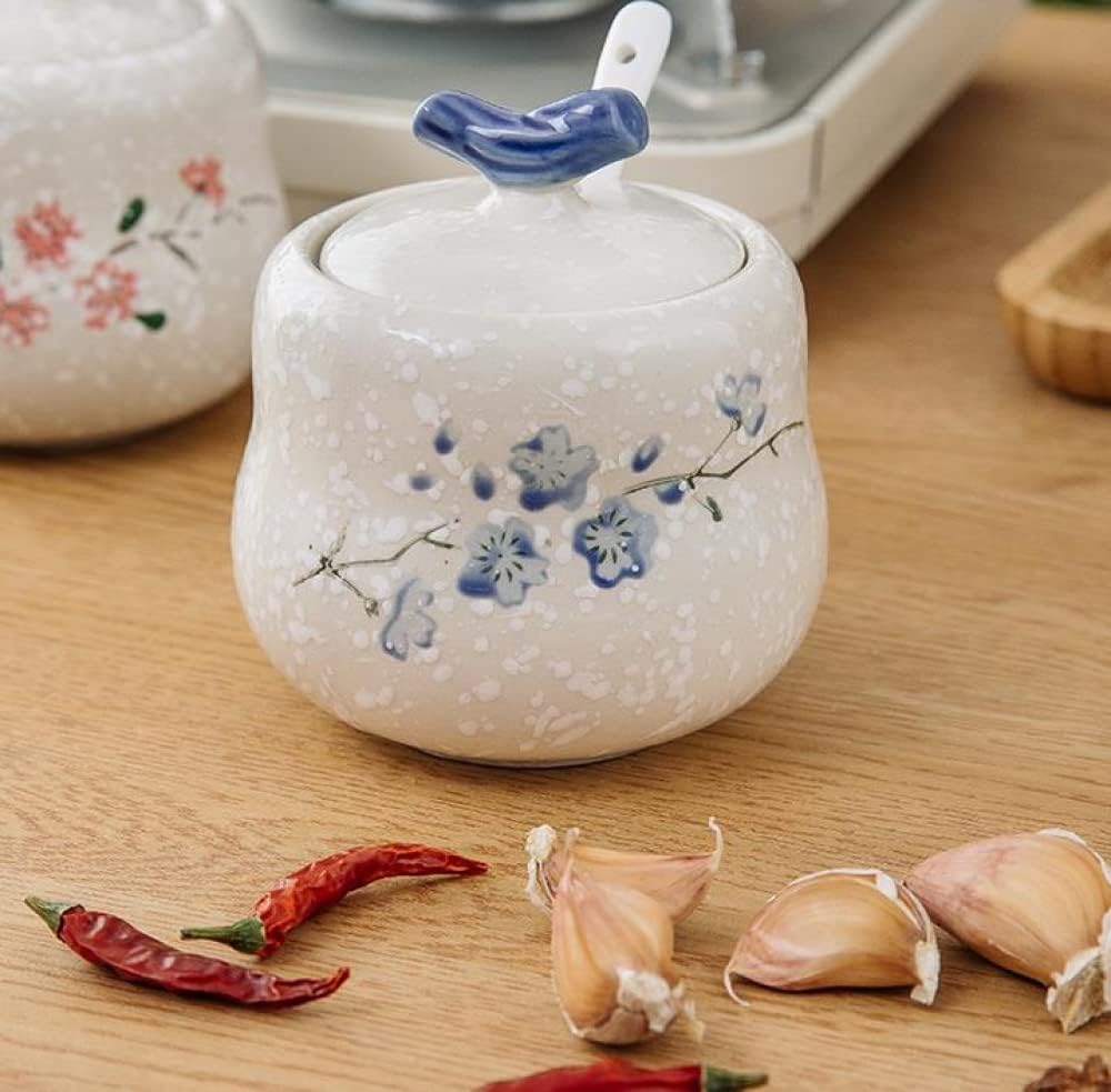 Condiment Jar Seasoning Box Ceramic Condiment Jar with Spoon Tray Lid Hand Painted Pattern, 14.1Oz, Set of 3