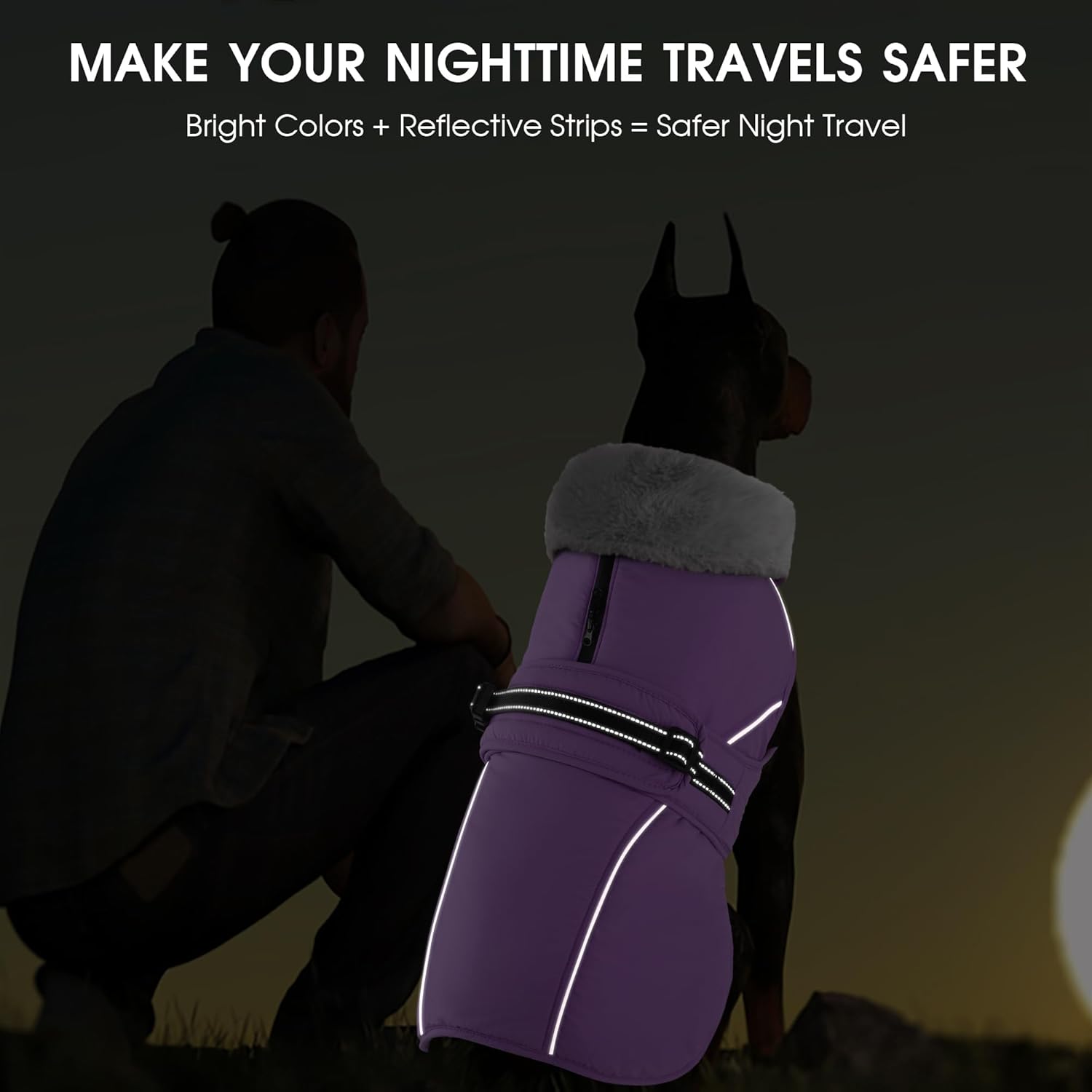 PETDSH Dog Coat Large, Windproof Dog Jacket with Warm Fleece Lining, Thickened Collar Dogs Winter Coat, Adjustable Reflective Pet Coats for Cold Weather (Purple, XX-Large)