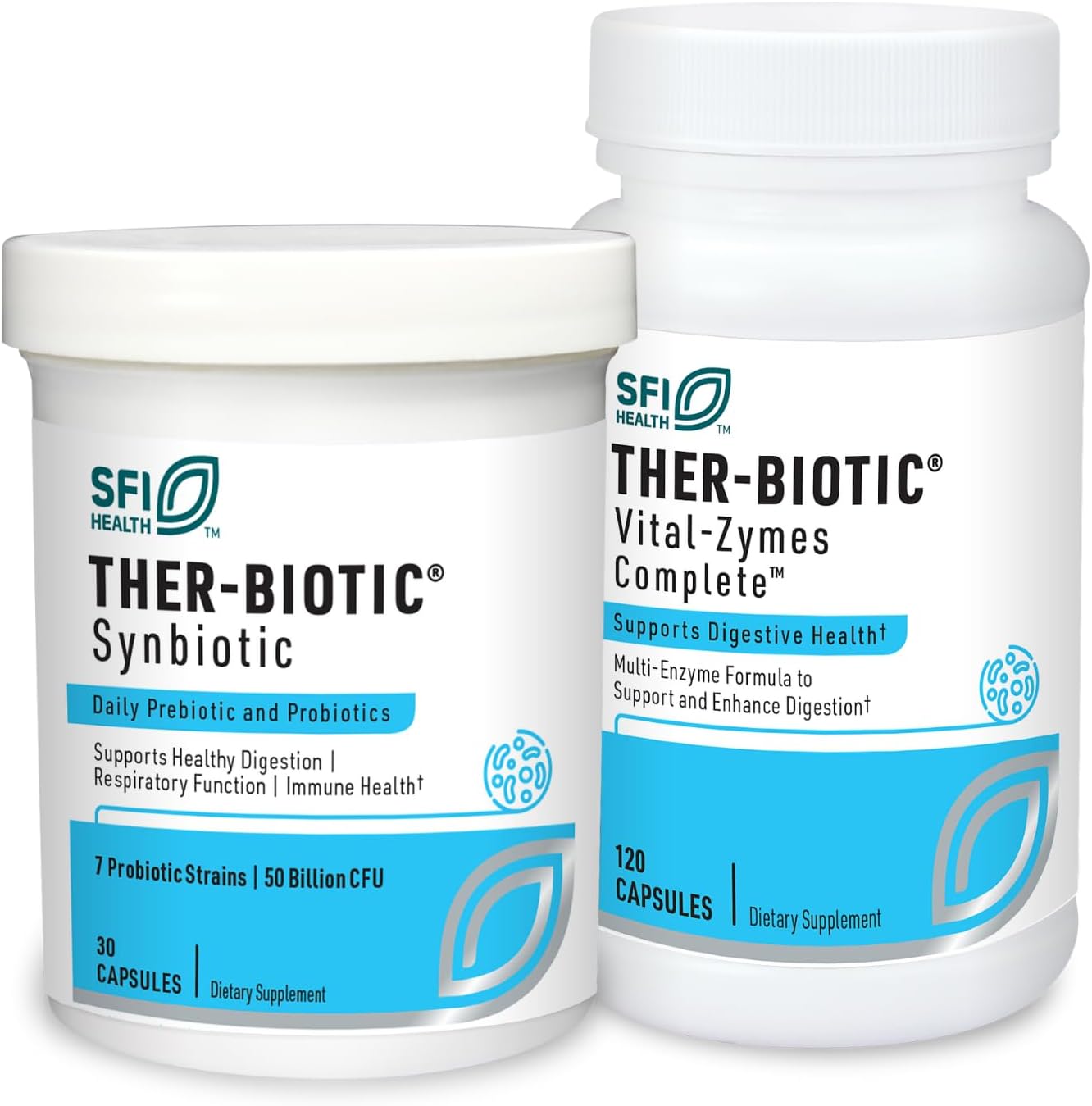 Ther-Biotic Synbiotic Probiotic (30 Capsules) + Vital-Zymes Digestive Enzymes Bundle (120 Count) - Low-FODMAP Probiotic Supplement + Digestion Support Enzymes - 2 Product Set