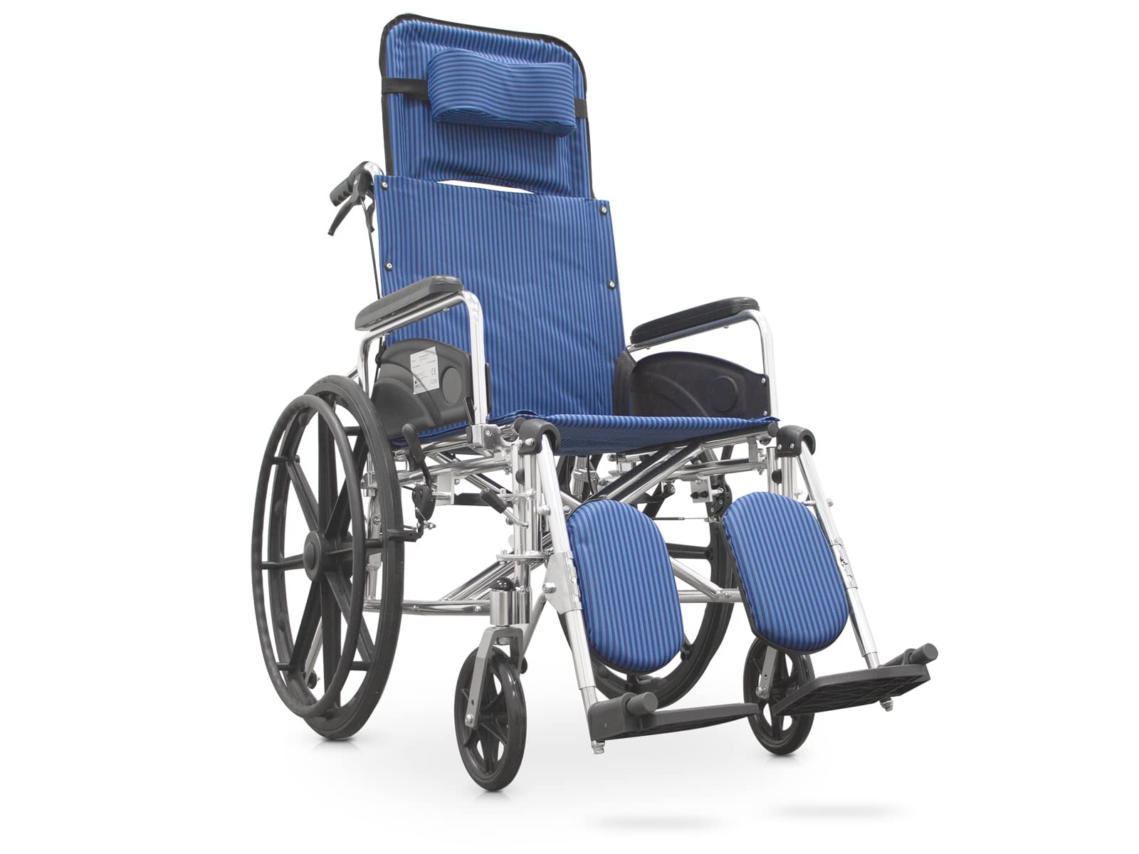 QUIRUMED Silla de ruedas de aluminio con reposacabezas y reposapiés elevable, Plegable, Ligera, Para minusválidos, Para personas mayores, Color azul, Cabezal extraíble, Antivuelco