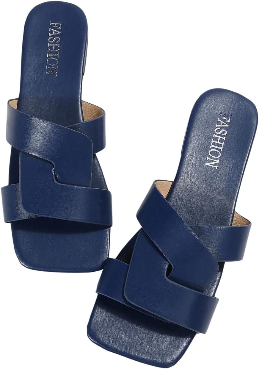 Women's Strappy Wide Width Flat Sandals Open Square Toe Cross Dressy Slide Sandals