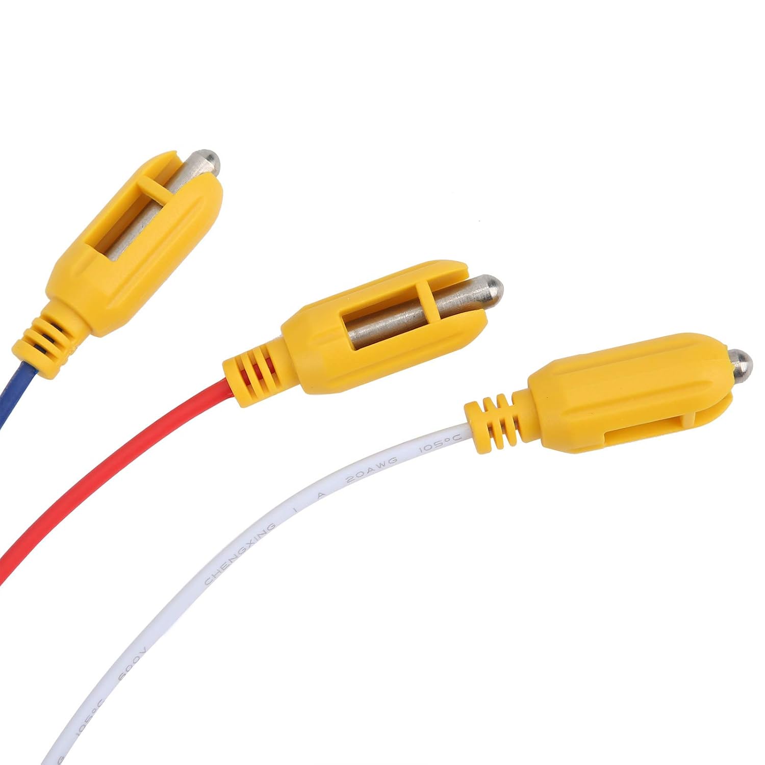 Three Luqeeg liquid level probe sensors in blue, red, and white, showing their distinct colors and yellow probe tips.