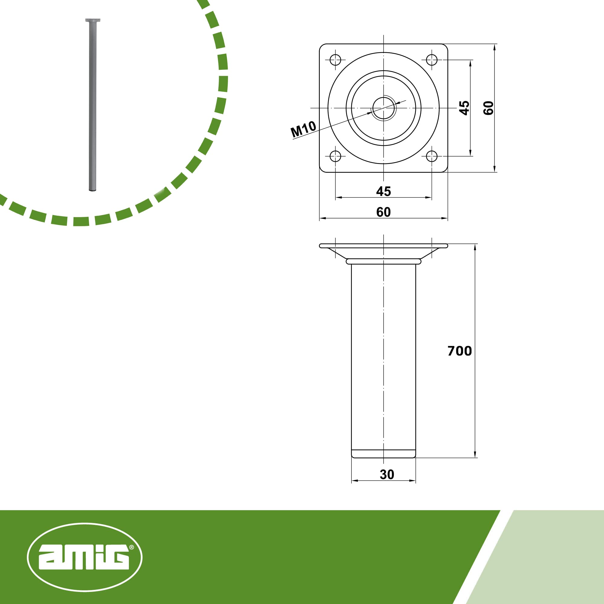 Amig - Round Furniture Leg, Multicoloured, diameter 30 x 700 mm - Image 4