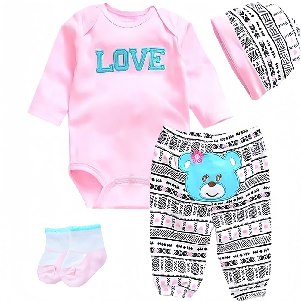Reborn Babypuppen-Kleidung, Liebesmuster, 4-teiliges Set für 43,2-55,9 cm Neugeborene Babypuppe, Mädchen, Puppenkleidung, niedliches Bären-Outfit, Zubehör, passend für 43,2-55,9 cm