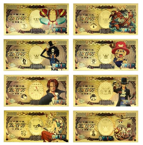 YJacuing Anime One Piece Gold Coated Banknote, Limited Edition Collectible Bill Bookmark (8 PCS II)