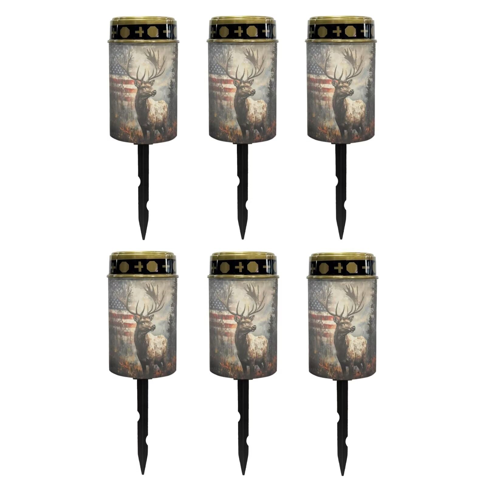 Poceacles Deer American Flag Forest Outdoor Lights Solar Powered Flameless Candle Cemetery Votive Candles Waterproof Outdoor Memorial Candle Solar Stake Lights Home Outdoor Decoration, 6 PCS