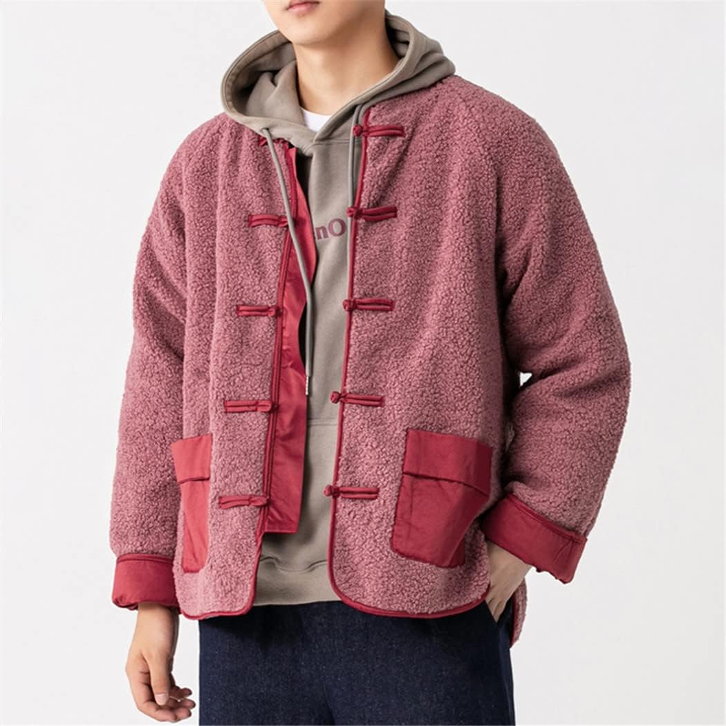 Chinese Style Contrast Color Lamb Wool Coat Winter Warmth Fleece Tang Suit Plus Size Retro Jacket Men Clothing
