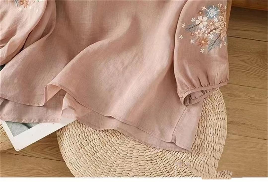 Damska bawełniana lniana haftowana koszula T-shirt okrągły dekolt rękaw 3/4 luźne bluzki na co dzień topy