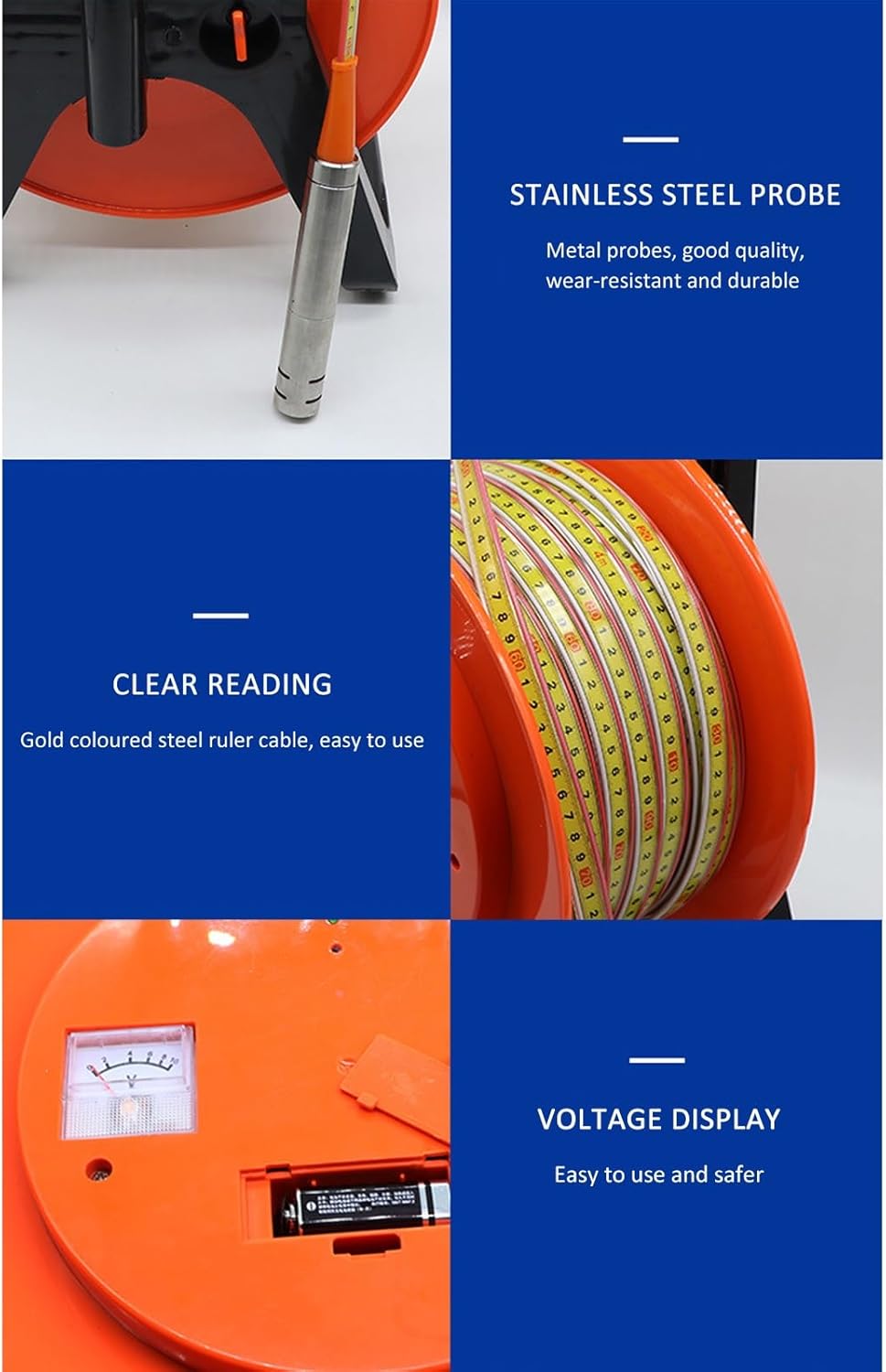 Portable Deep Well Water Level Meter, Well Water Depth Gauge with Stainless Steel Probe, Indicator Light, Peak Display, Electronic Well Water Level Indicator for Measuring Water Level(10m)