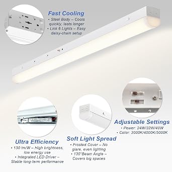 OSTEK 4FT LED Linear Strip Light, 24W/32W/40W & 3CCT Selectable (3500K/4000K/5000K), 0-10V Dimmable Shop Light, Surface or Chain Mount, Commercial LED Fixture for Garage/Warehouse,