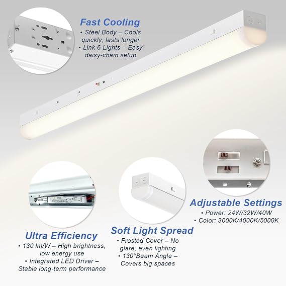 OSTEK 4FT LED Linear Strip Light, 24W/32W/40W & 3CCT Selectable (3500K/4000K/5000K), 0-10V Dimmable Shop Light, Surface or Chain Mount, Commercial LED Fixture for Garage/Warehouse,