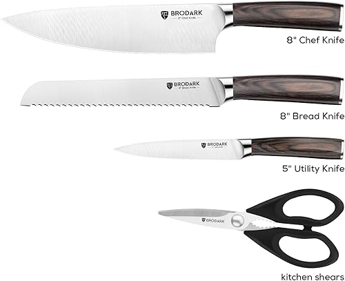 Miniatura 5 de BRODARK Juego de cuchillos de chef profesional, 4 cuchillos de cocina alemanes afilados de acero inoxidable con tijeras de cocina, juego de