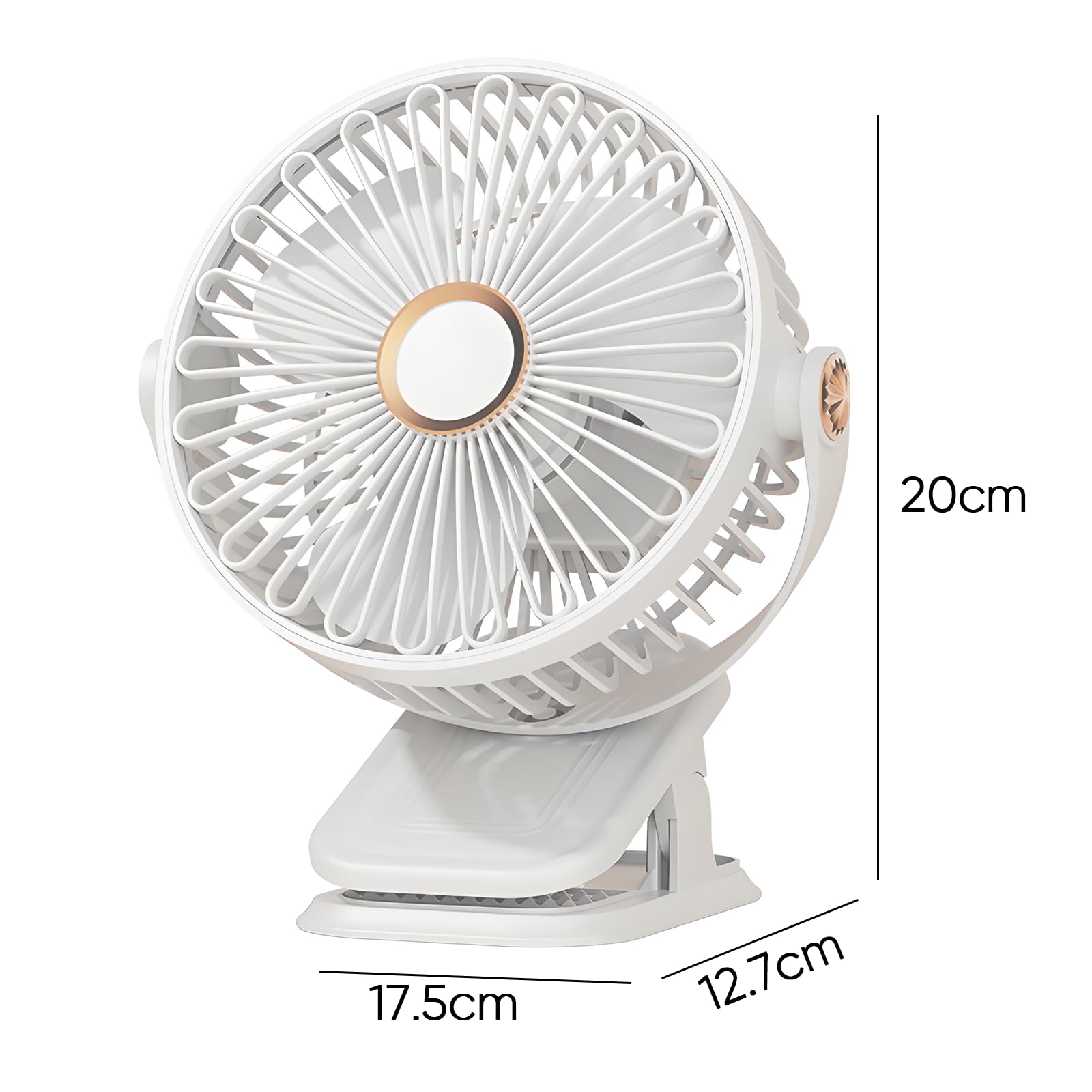 Doppelkopf Clip Ventilator, 360° drehbarer USB Klemmventilator mit 5 Geschwindigkeiten Leise, Akku Tischventilator Klein mit Nachtlicht, Ventilator zum Klemmen für Tisch/Kinderwagen/Büro (B - Schwarz)