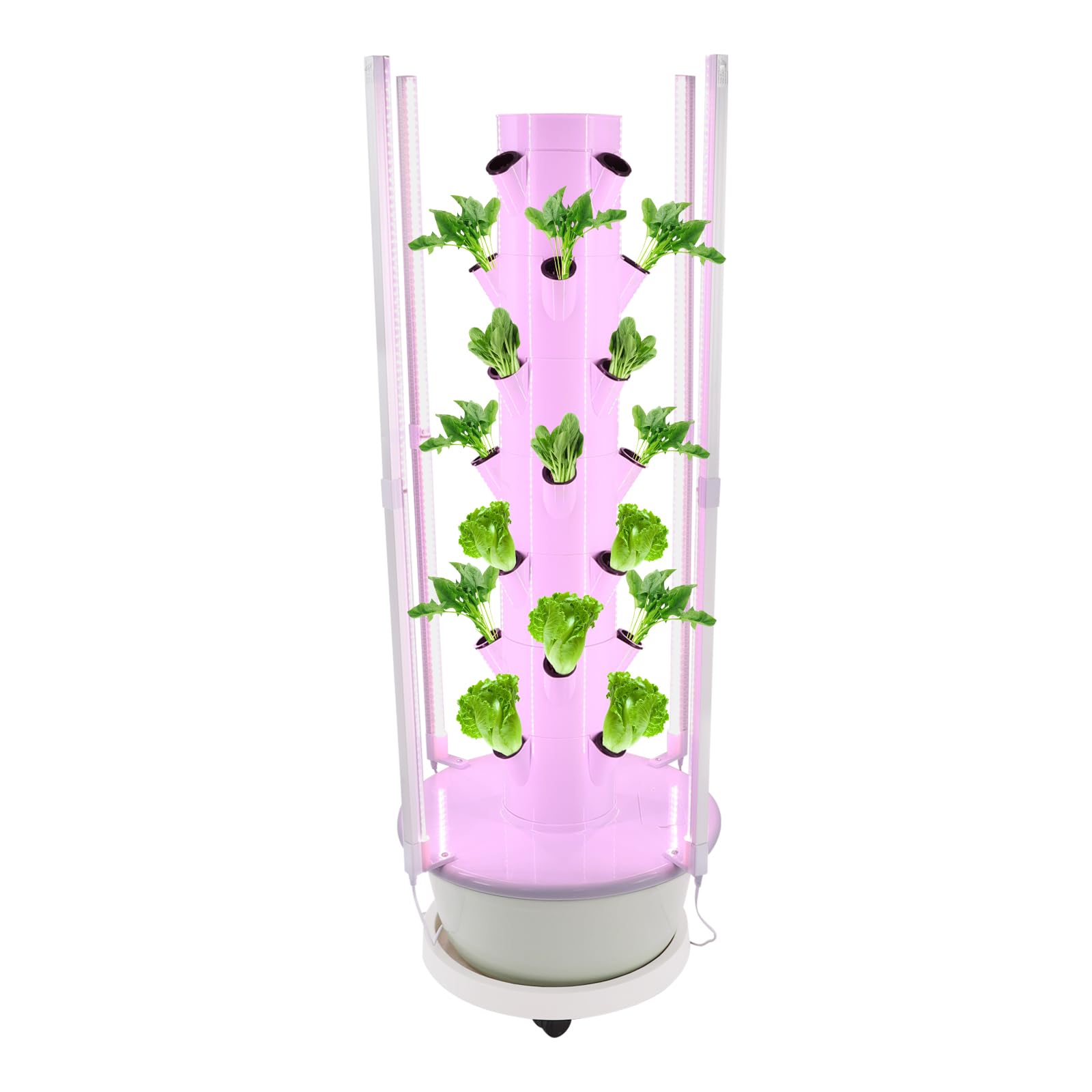 Hydroponik Turm 7 Ebenen 28 Pflanzen Vertikal mit LED und Pumpe | 28 Pflanzen auf 7 Ebenen in 53 cm Turm, 8 LED Lampen Timer, 30L Tank Rollen, Pumpe automatisch