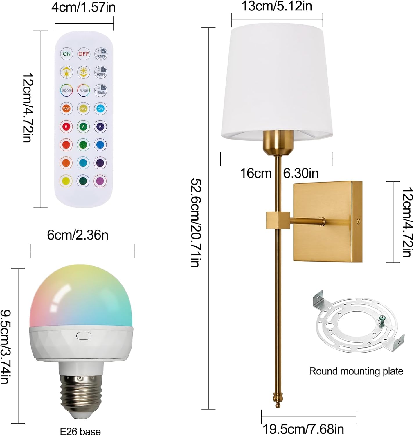 Battery Operated Wall Sconce Set of 2, Gold Wireless Rechargeable Wall Lights with RGB Rechargeable Dimmable Bulbs, 15 Colors Dimmable Wall Lamp with Remote for Bedroom Living Room, Bulbs Included