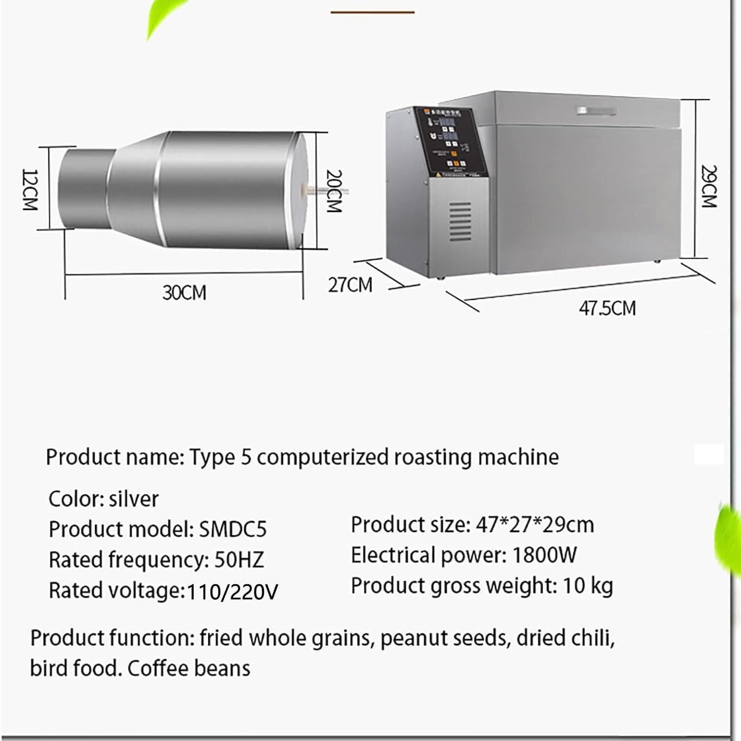 LQQYJSM Electric Stainless Steel Bean Roaster, Cereals Roaster Nut Baking Tools, Coffee Roaster Machine 1800W/2500W, Adjustable Temperature 0 to 350° and Timer 0 to 999 Minutes,2000g
