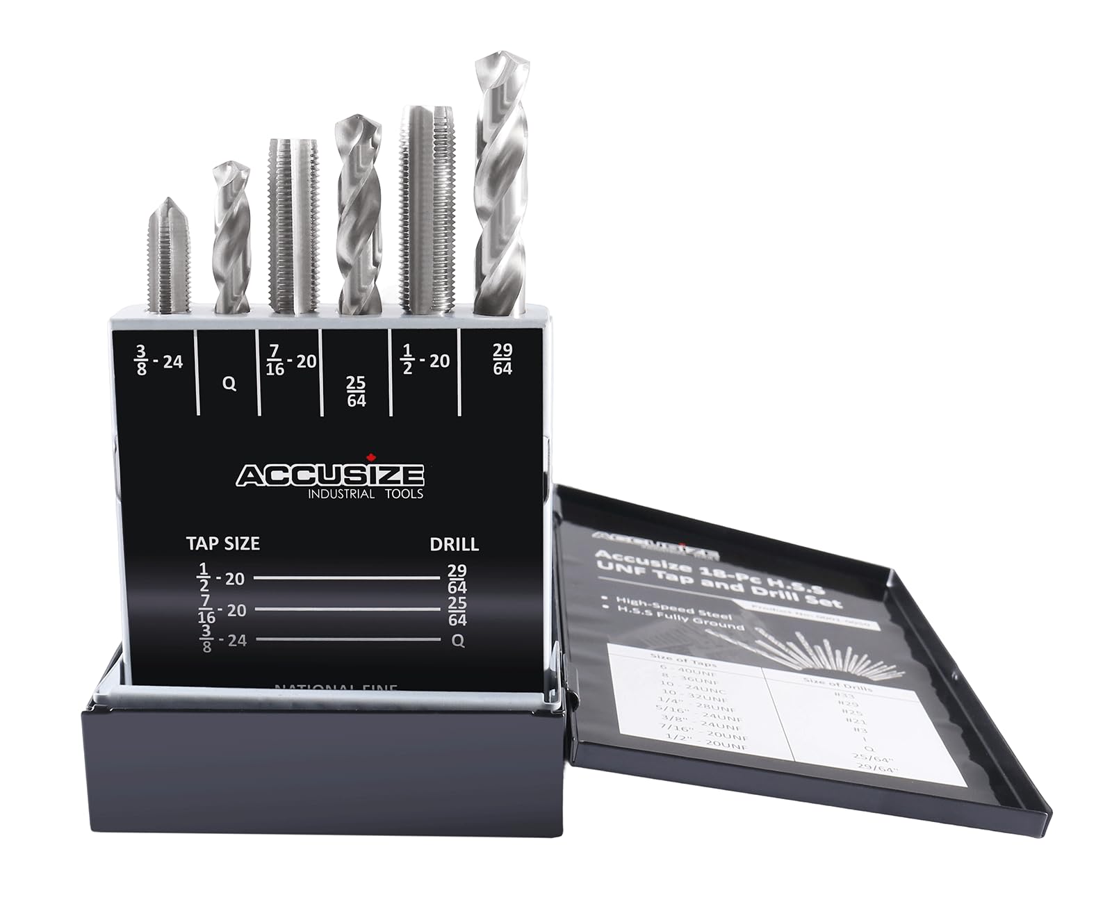 accusize – 18 pcs/Set h.s.s. Tap & Drill Set, UNF en caja de metal, 0001 – 0050