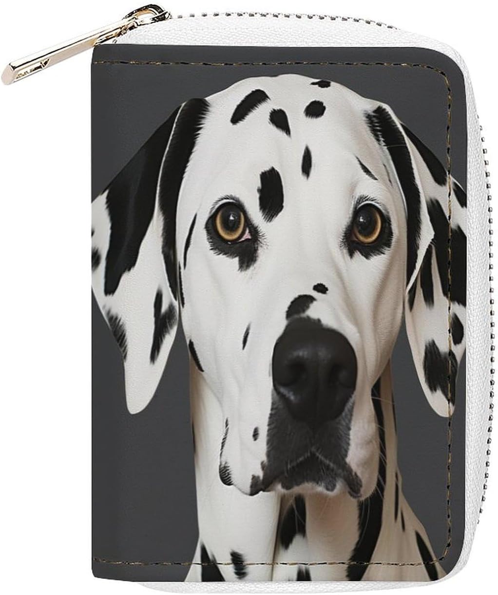 Leather Card Organizer Case Card Wallet Credit Card Holder Dalmatian Printed Zipper Card Cases Holder for Women Men