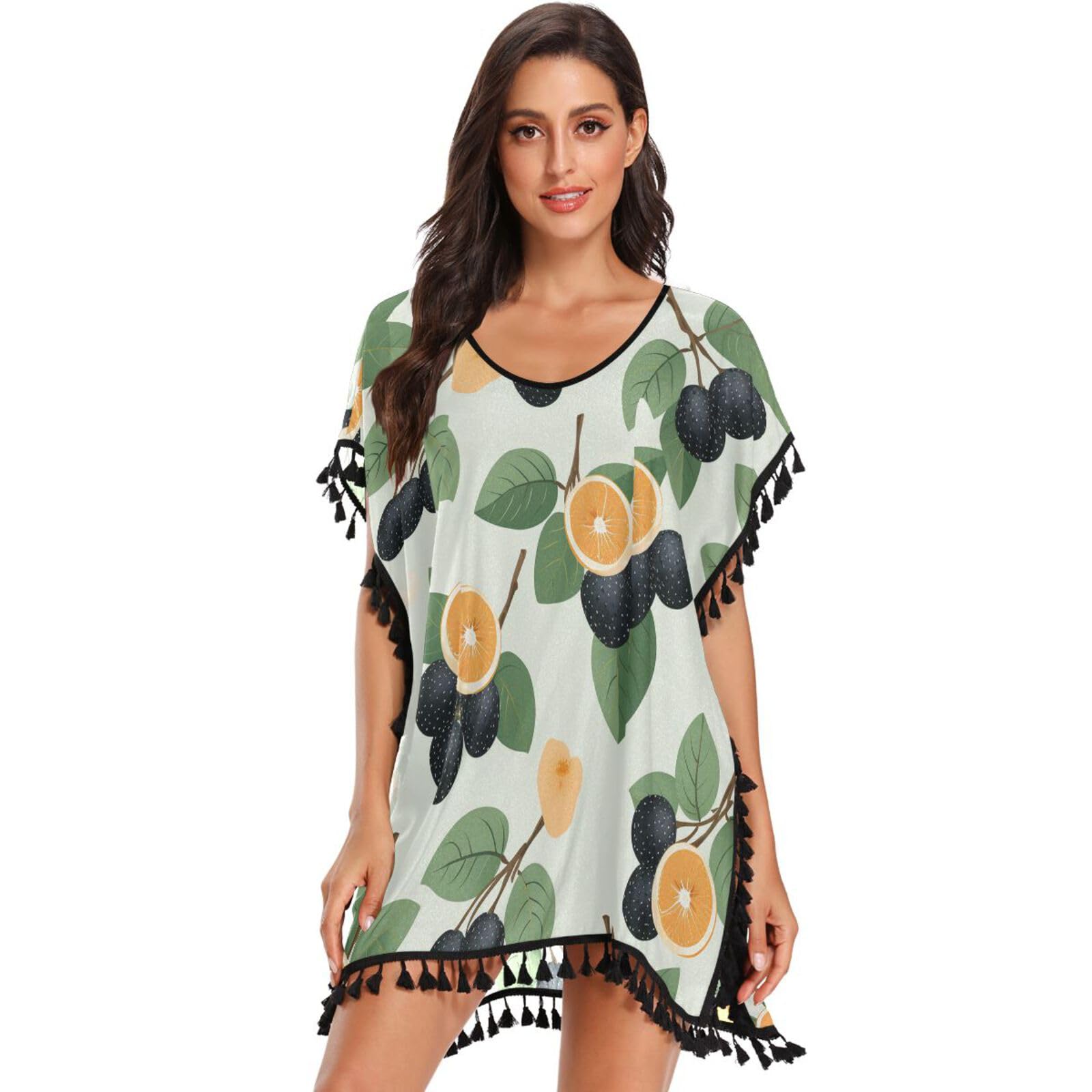 Blue Strawberry Fruit Art Women's Beach Cover Up Chiffon Tassel Swimwear Swimsuit Coverups for Girl