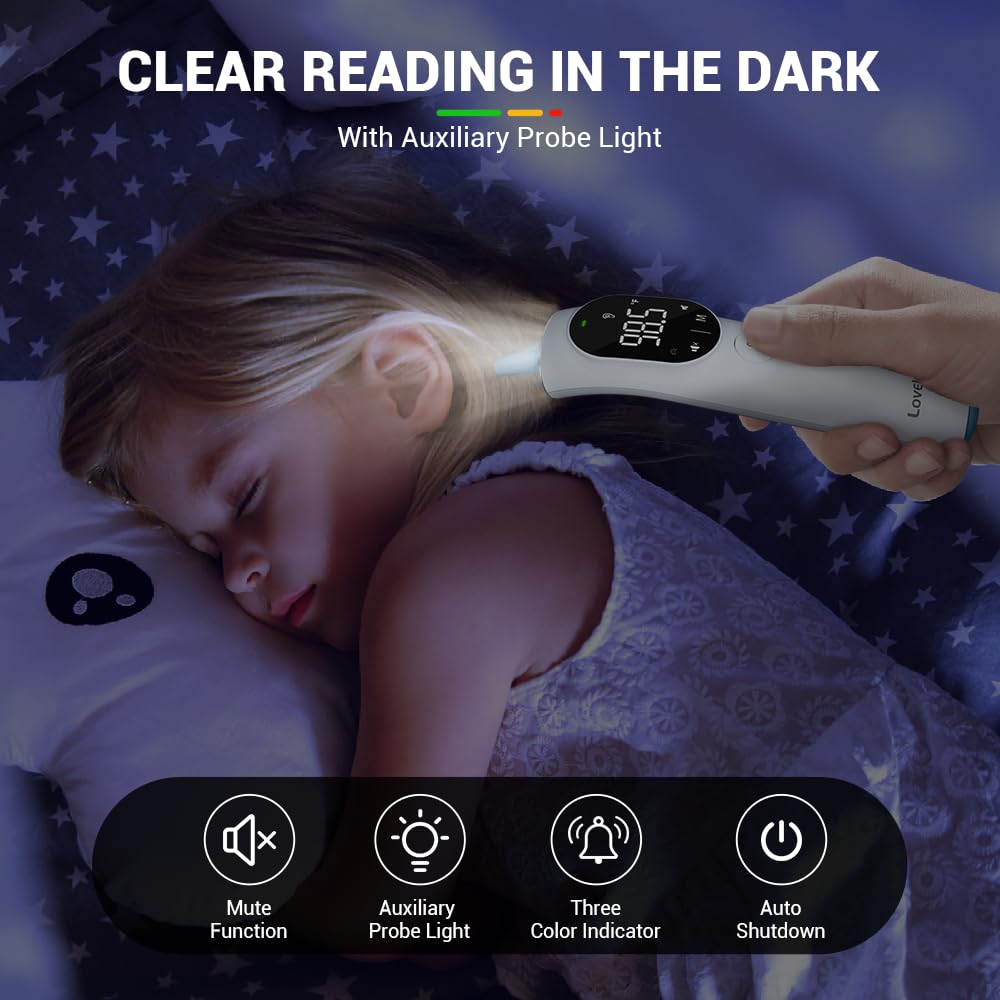 LoveHealth Digital Thermometer of Forehead and Ear - Fever Alarm, 1 Second Reading, Magnetic Cover, LED Probe Light, 40 Readings Memory, HD LED Screen, Medical Thermometer for Babies Kids and Adults