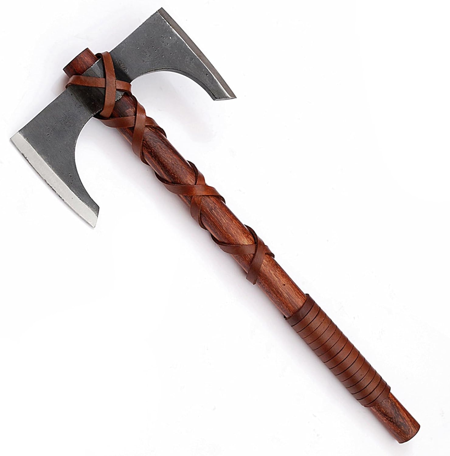 Armory Replicas™ 12" Handcrafted Double Bit Axe – Forged Carbon Steel Blade with Sheesham Wood Shaft, Oak Finish, Leather Wrap Grip – Compact Throwing or Display Axe with Native-Inspired Design