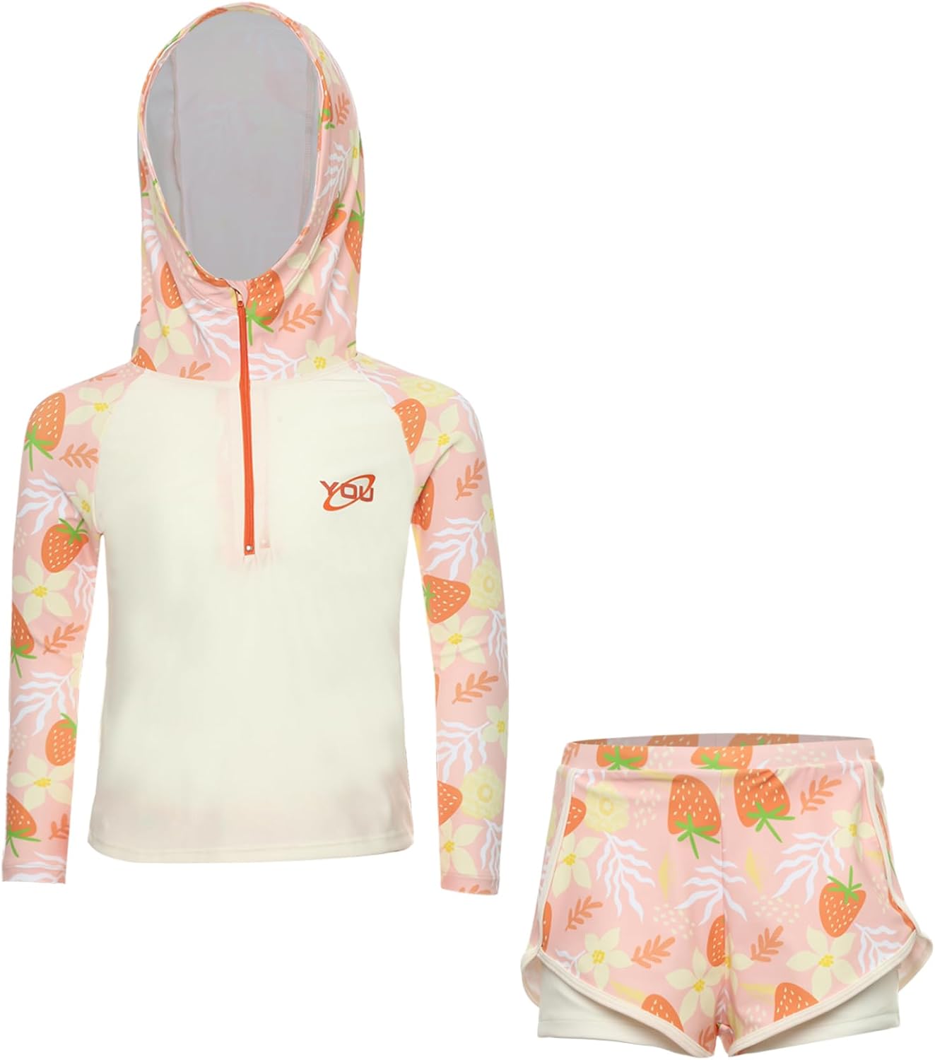 Kids Girls 2Pcs Tropical Cute Print Swimsuit Summer Beach Hooded Swim Top with Double Layers Shorts