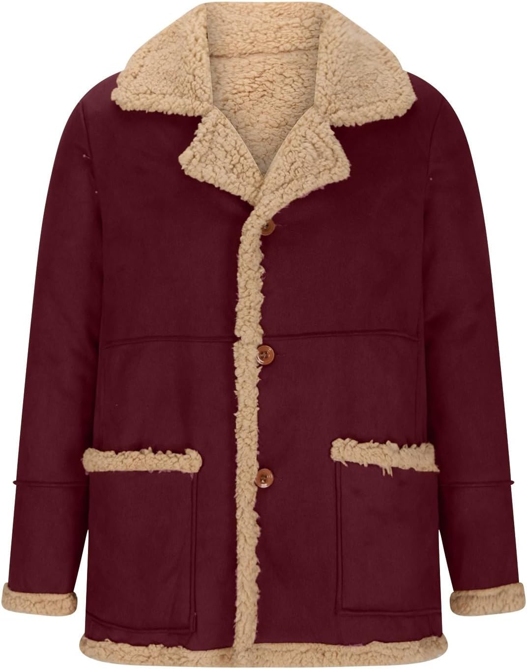 NATHGAM Sherpa Lined Suede Jackets Men Faux Leather Shearling Notch Lapel Jacket Fleece Winter Thermal Retro Long Trench Coat