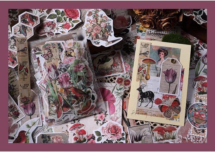 200 Pcs Vintage Scrapbooking Sticker Set,Retro Journaling Supplies Aesthetic Decorative Stationery Paper,Washi DIY Art Craft Botanical Animals Kits Collage,for Writing,Drawing,Album,Travel Journal