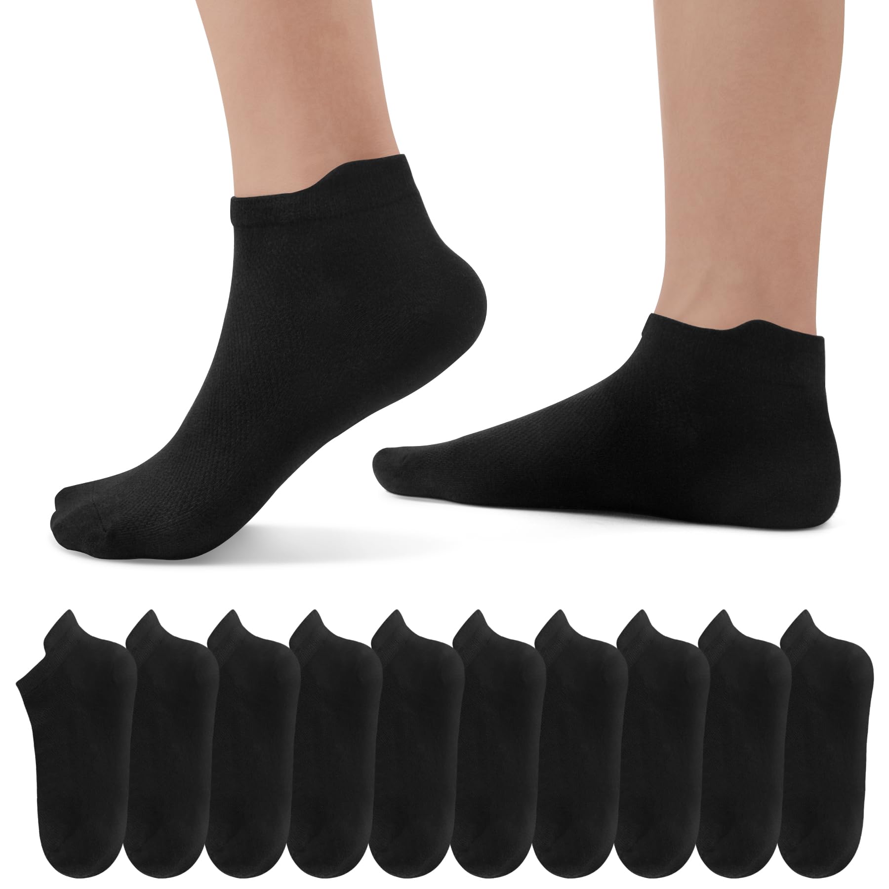 EKSHER 10 Paar Unisex Plain Sneaker Socken mit Gepolstert, Kurze Halbsocken Quarter Baumwolle Net Atmungsaktive Schwarz Weiß