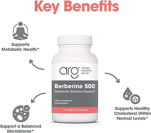 Miniatura 4 de Allergy Research Group Suplemento de berberina de 500 mg Soporte metabólico multifacético, apoya el colesterol saludable, raíz de agracejo indio