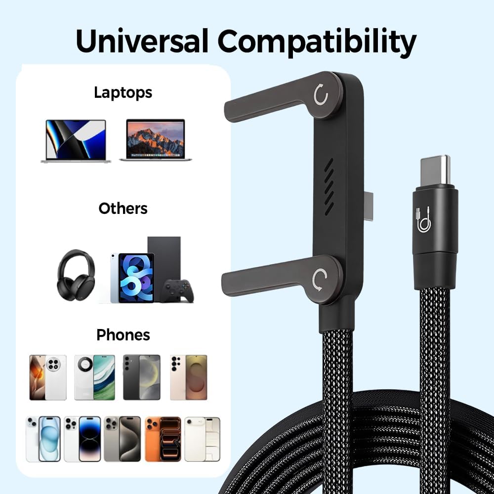 Cavo USB-C intrecciato a ricarica rapida con supporto per telefono integrato, cavo pieghevole a forma di T a 90 gradi, caricabatterie multifunzionale, lunghezza 1,5 m, design ad angolo retto