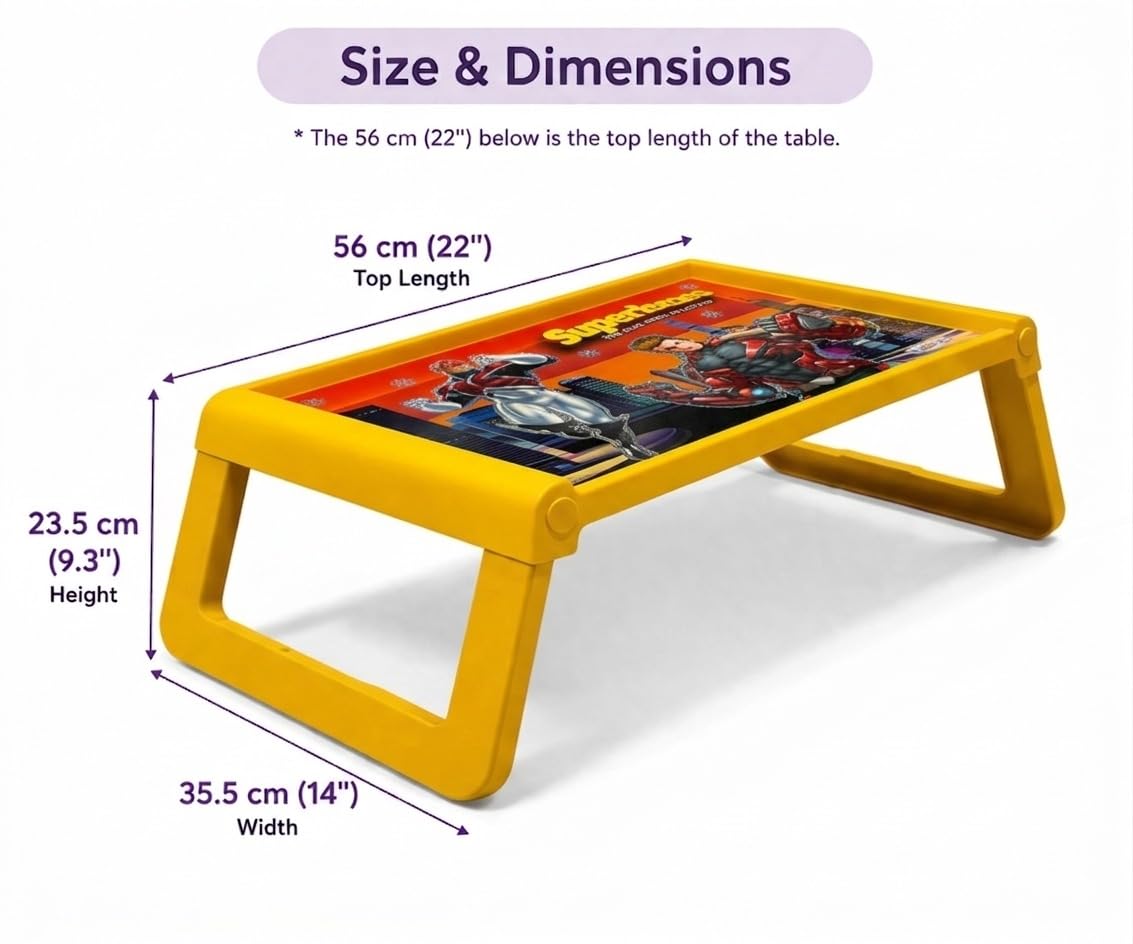 KITCHIVO™ Kids Foldable Study Table for Children | Portable Lightweight Plastic Study Desk | Cartoon Printed Table for Study, Drawing & Activity | Compact & Easy to Store (Yellow Superhero) 1