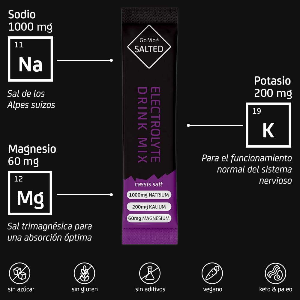 GoMo SALTED Hydration Aid | Electrolitos bajos en calorías sin azúcar | Absorción de agua e hidratación más rápida | 30 porciones con sal de alpino suiza I Cassis sabor