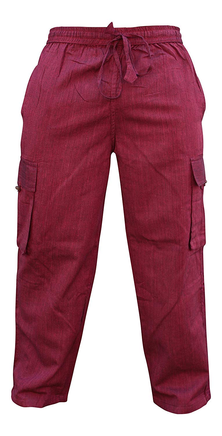SHOPOHOLIC FASHION Mens Elastic Waist Cargo Pants Plain Hippy Combat Trousers (Maroon/2XL)