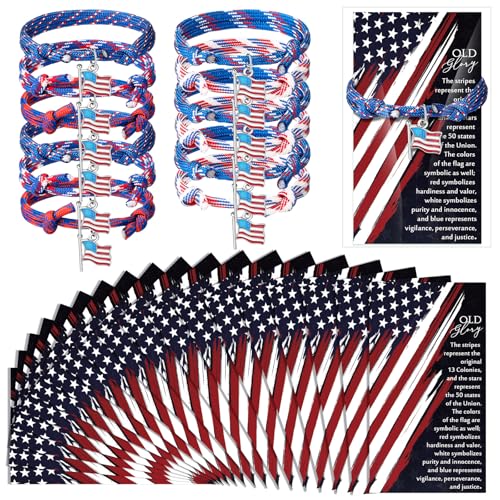 Liliful Veterans Day Gifts Bulk Patriotic Bracelets American Flag Bracelets Adjustable USA Independence 4th of July Gifts with Inspirational Card for Women Men Party Favors Celebration