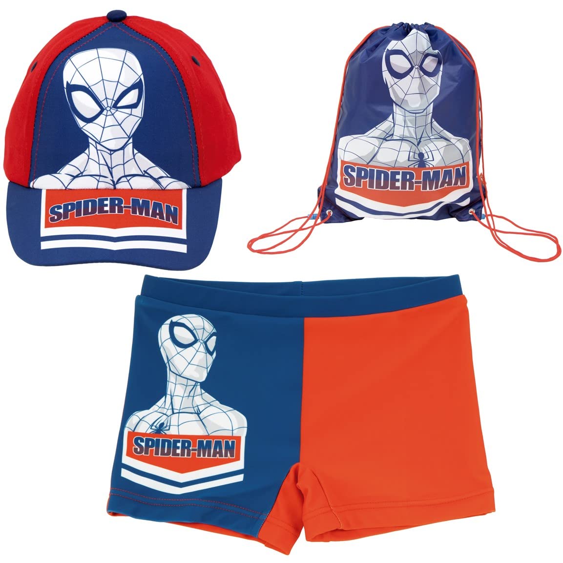 REQUETEGUAY Bañador Spiderman para Playa o Piscina + Gorra Spiderman para Niños + Saco Multiusos | Bañador Spiderman Tipo Bóxer + Gorra Ajustable Spiderman Niño + Saco para Gym