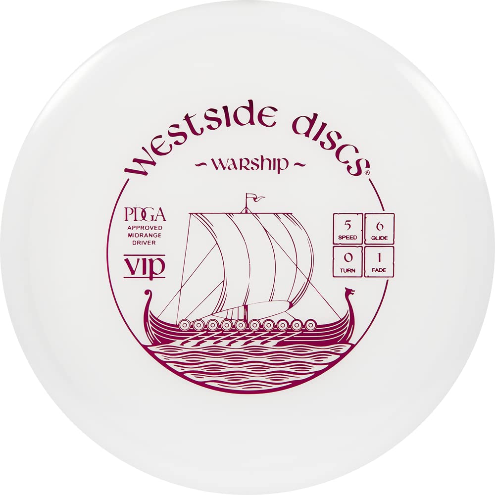 Westside Discs VIP Warship Disque de Golf Medium | Frisbee Volant Droit | Disque de Golf Conformable | Disque de Golf Medio Adaptado aux Débutants | Les couleurs du tampon varient (blanc)