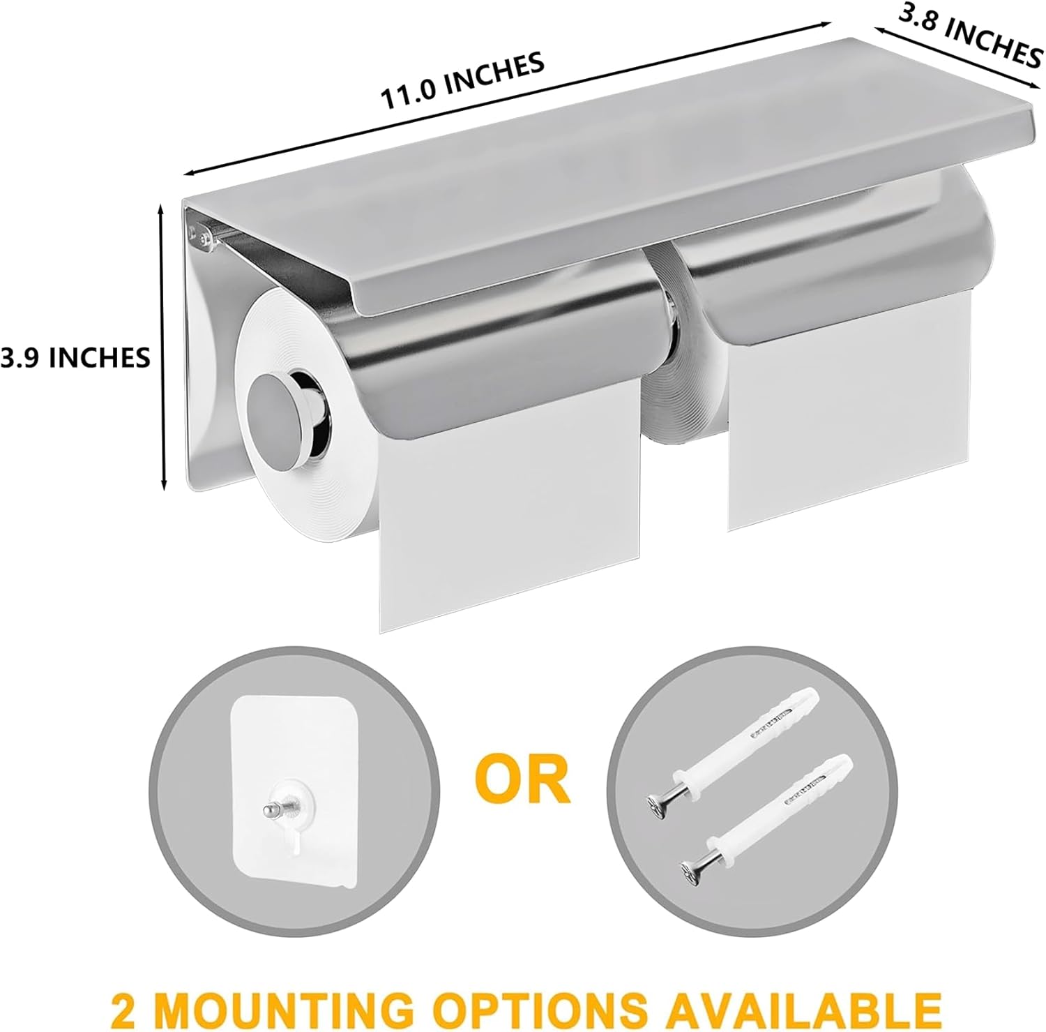 Double Toilet Paper Holder Stainless Steel Tissue Roll Rack with Phone Storage Shelf and Waterproof Cover (Polished Chrome)