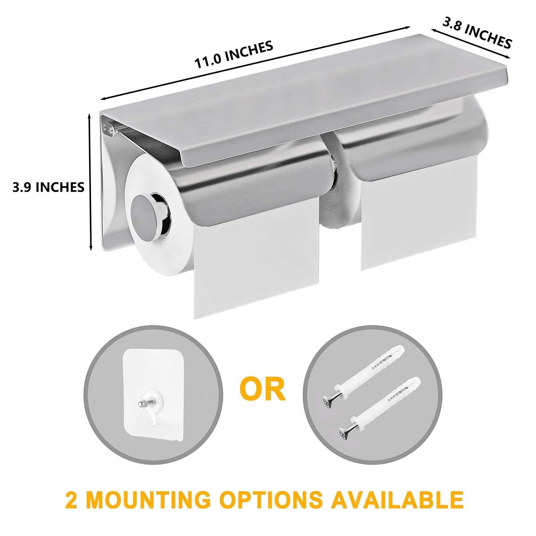Portarrollos de papel higiénico doble de acero inoxidable con estante de almacenamiento para teléfono y cubierta impermeable (cromo pulido)