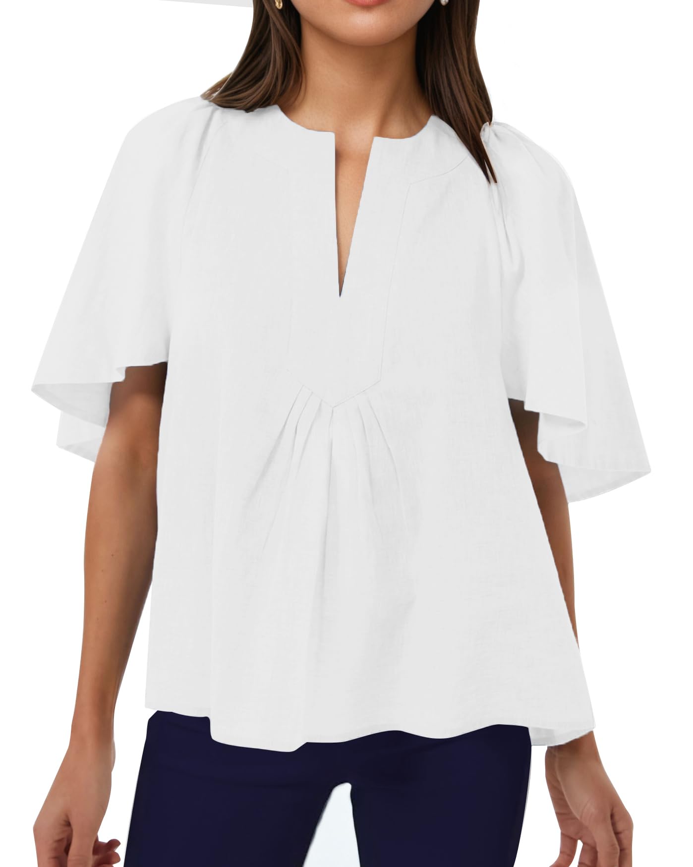 Kedera Womens White Blouse V Neck Flutter Sleeve Linen Shirts Casual Cute Summer Tops
