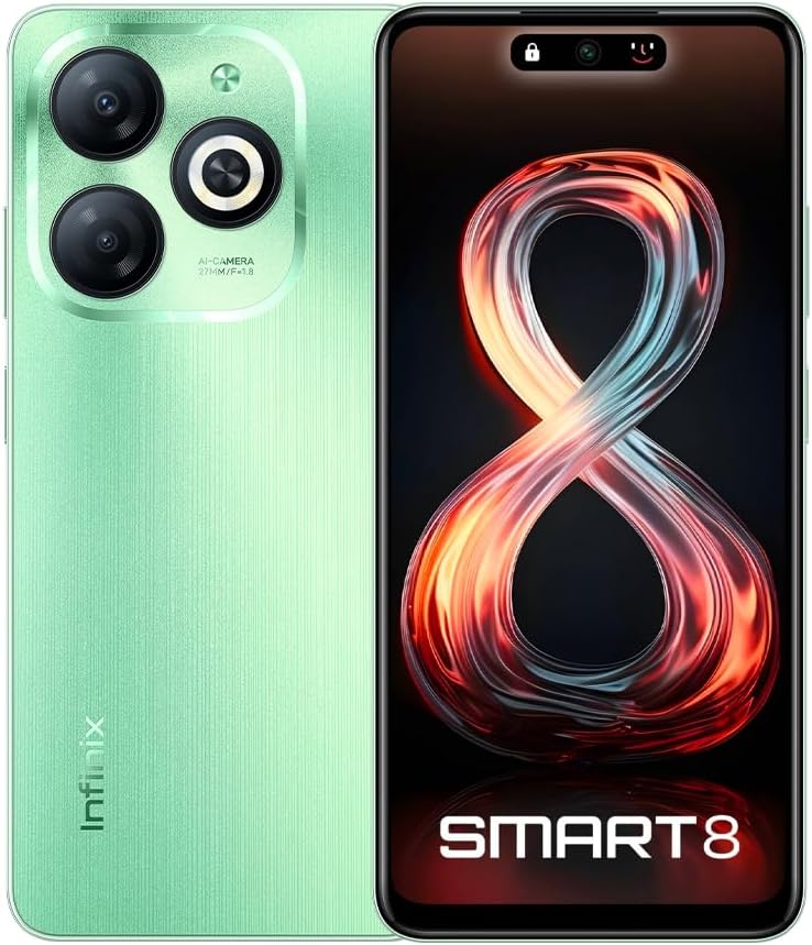 Infinix Smart 8, 3+64GB, Crystal Green, Sim Free Smartphone, Unlocked to all UK Networks, UK Plug + 2 Year Warranty